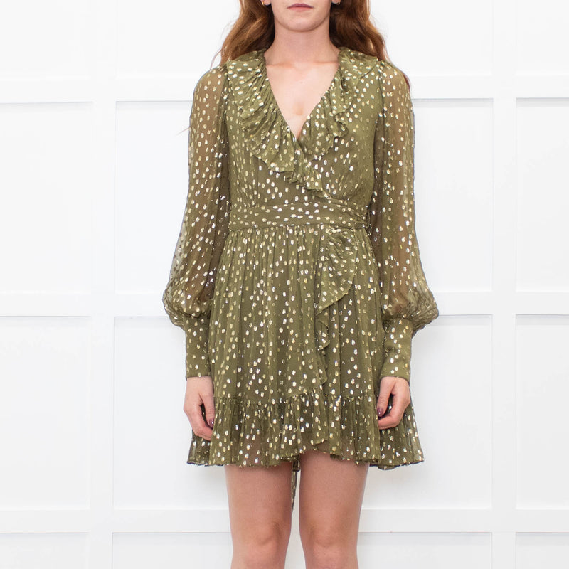 Zimmermann Green Metallic Silk Blend Mini Wrap Dress