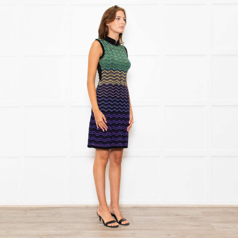 Missoni Purple Green Wave Patterned Knit Skater Dress With High Neck