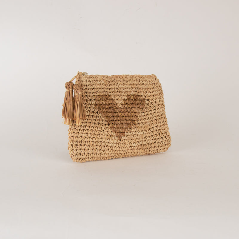 Aerin Small Heart Raffia Zip Pouch
