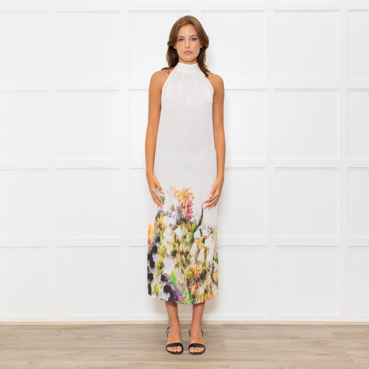 Lenny Niemeyer White Halterneck Maxi Dress with Floral Hem