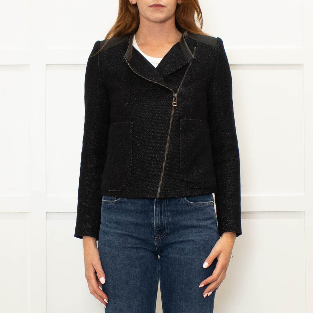 Zadig & Voltaire Black White Fleck Leather Trim Zip Up Jacket