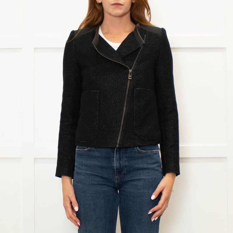 Zadig & Voltaire Black White Fleck Leather Trim Zip Up Jacket