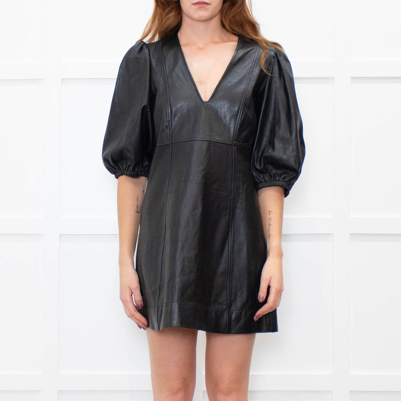 Ganni Black Leather V Neck Mini Dress