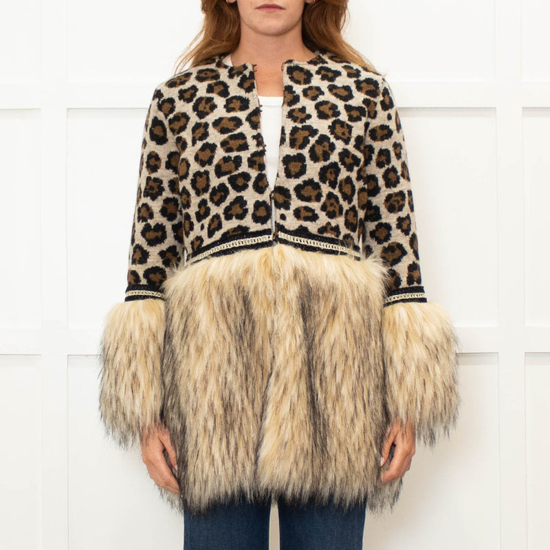 The Extreme Collection Beige Brown Animal Print Faux Fur Trim Cardigan