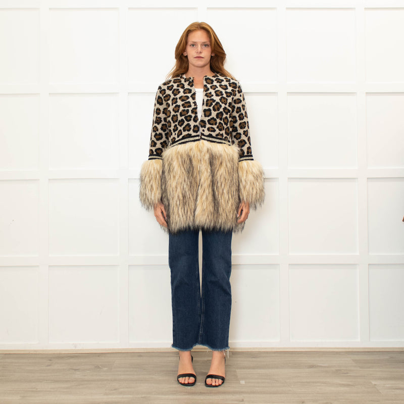 The Extreme Collection Beige Brown Animal Print Faux Fur Trim Cardigan