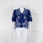 Farm Rio Blue White Embroidered Big Collar Blouse