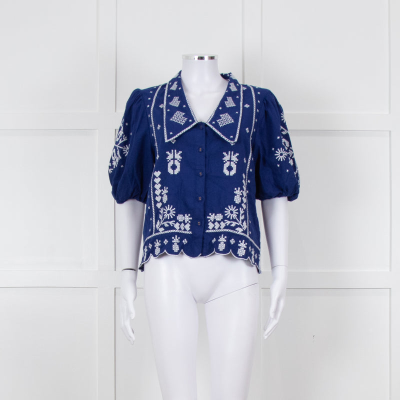 Farm Rio Blue White Embroidered Big Collar Blouse