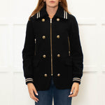 Me + Em Black Cream Trim Zip Up Long Jacket