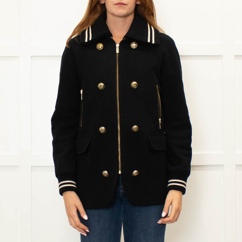 Me + Em Black Cream Trim Zip Up Long Jacket