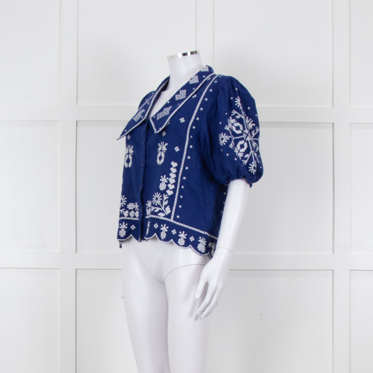 Farm Rio Blue White Embroidered Big Collar Blouse
