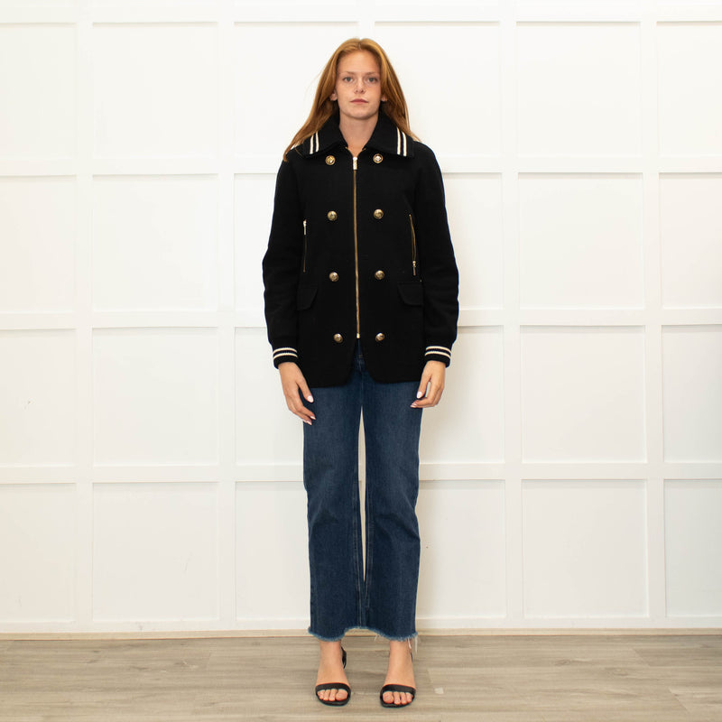 Me + Em Black Cream Trim Zip Up Long Jacket