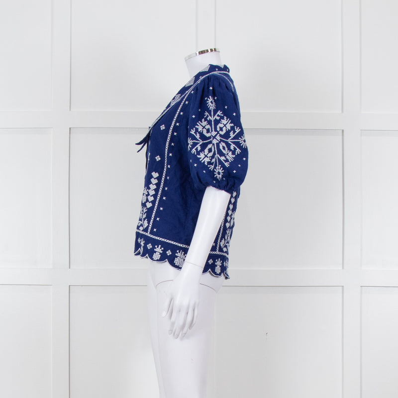 Farm Rio Blue White Embroidered Big Collar Blouse