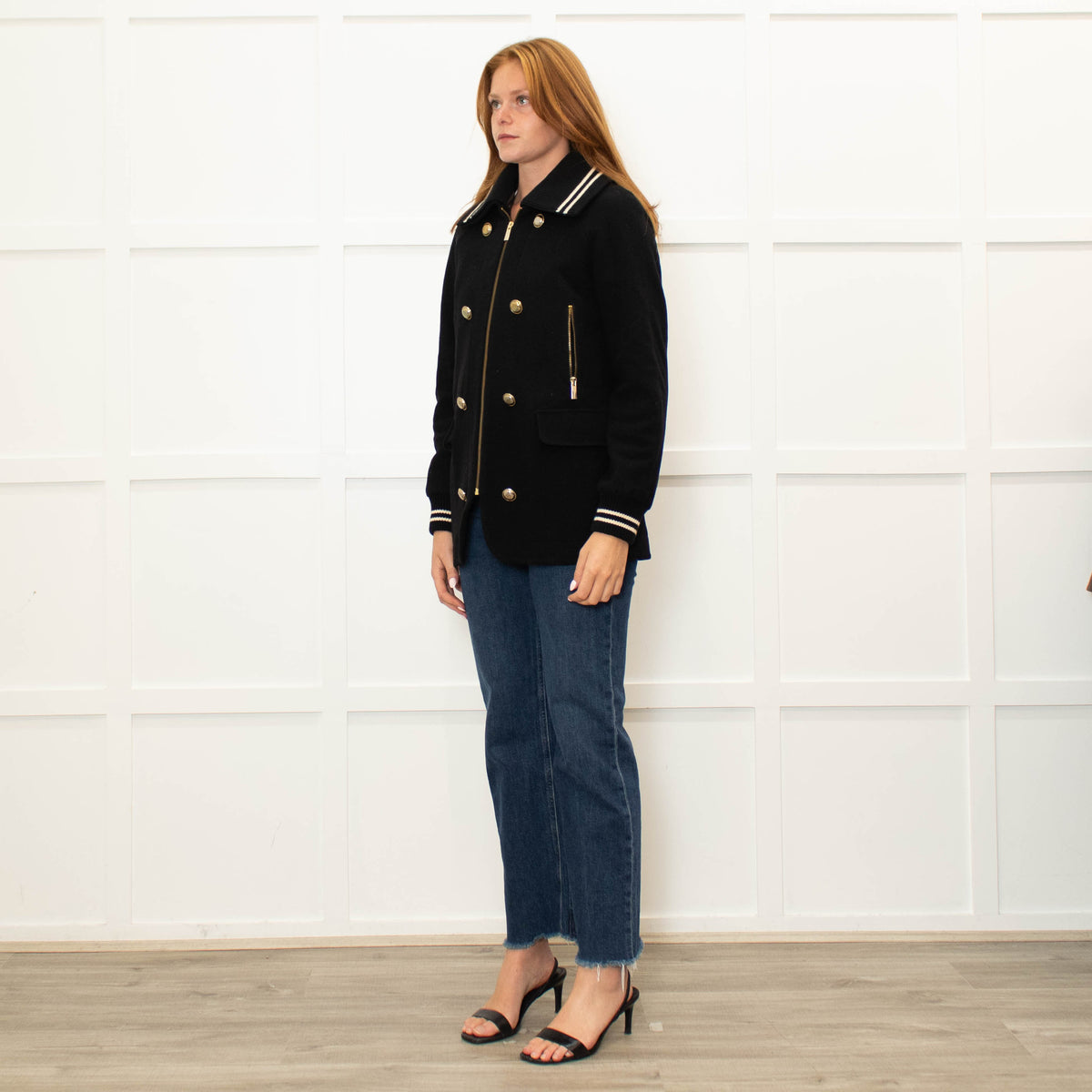 Me + Em Black Cream Trim Zip Up Long Jacket