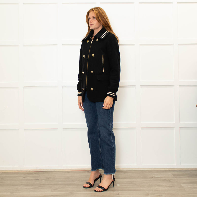 Me + Em Black Cream Trim Zip Up Long Jacket