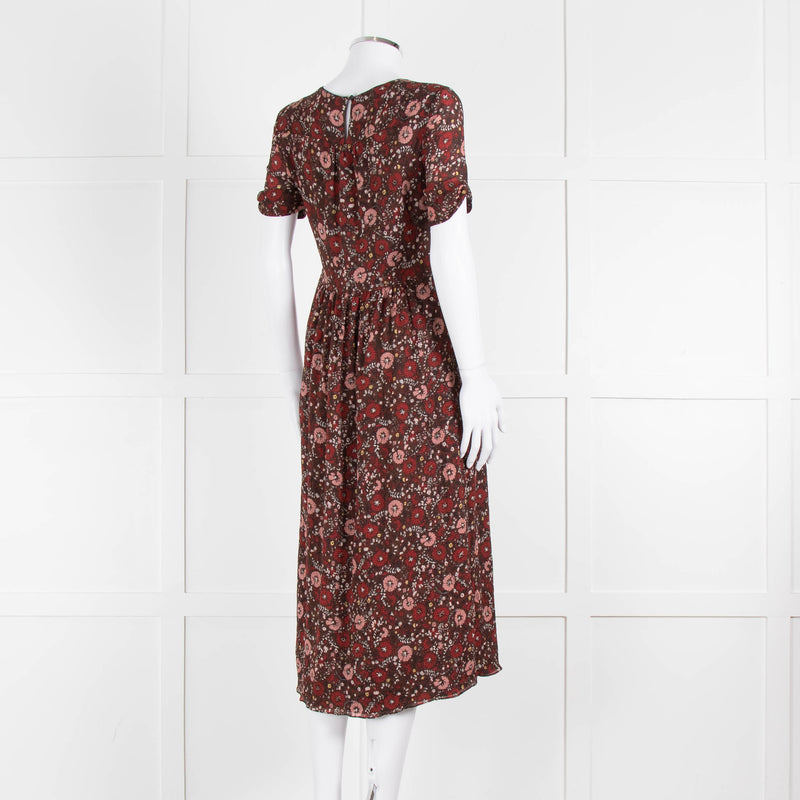 Burberry Brit Brown Rust Floral Short Sleeve Midi Dress