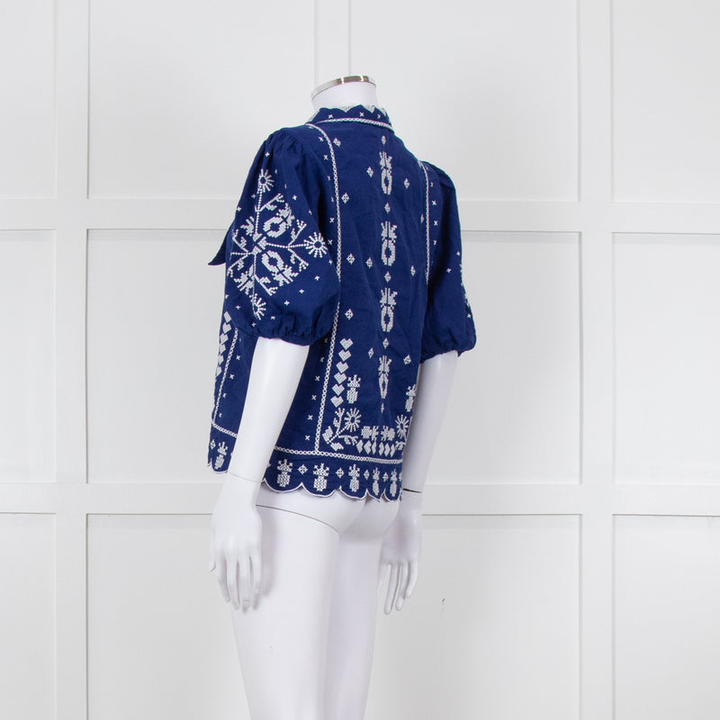 Farm Rio Blue White Embroidered Big Collar Blouse