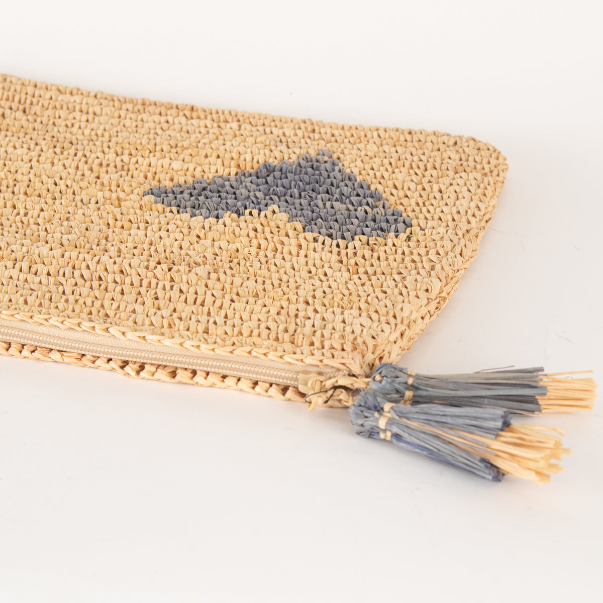 Aerin Large Blue Heart Raffia Zip Pouch