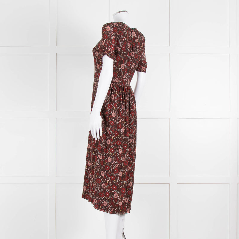 Burberry Brit Brown Rust Floral Short Sleeve Midi Dress