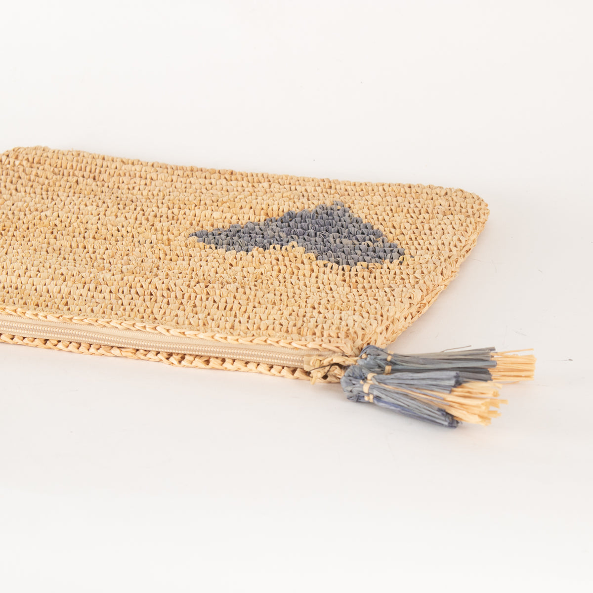 Aerin Large Blue Heart Raffia Zip Pouch