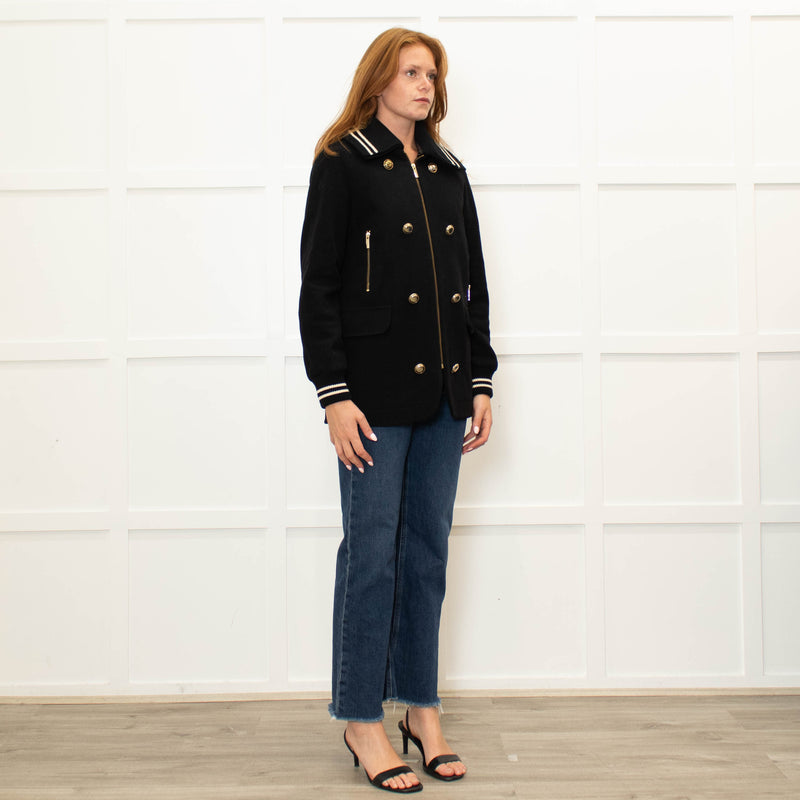 Me + Em Black Cream Trim Zip Up Long Jacket