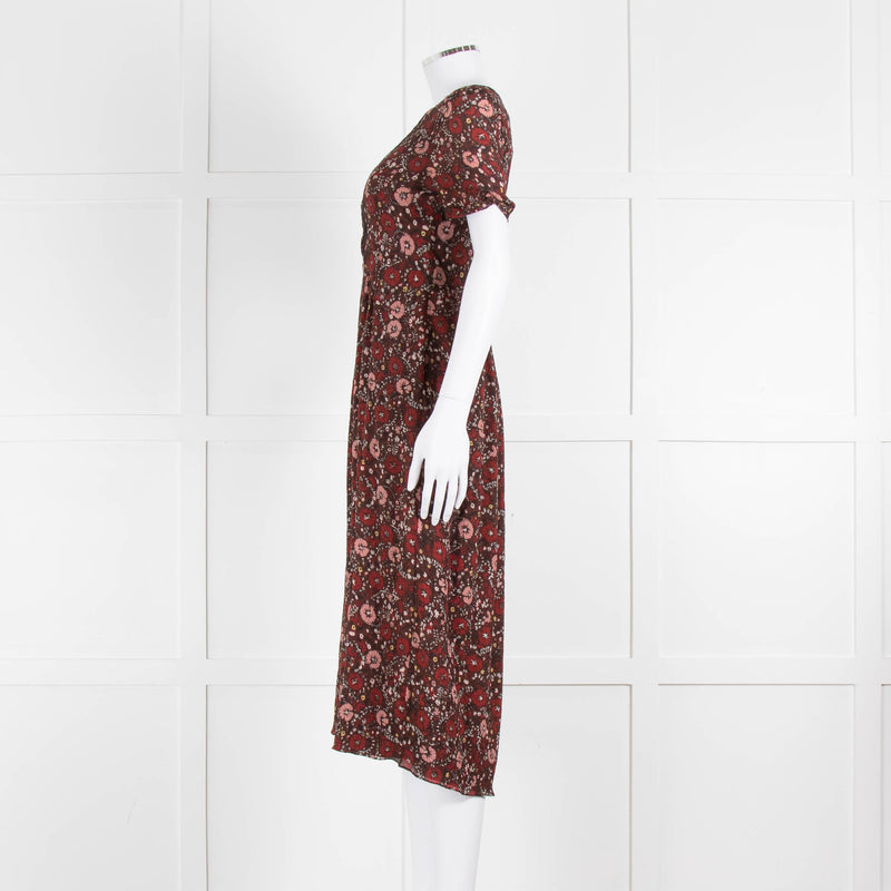 Burberry Brit Brown Rust Floral Short Sleeve Midi Dress