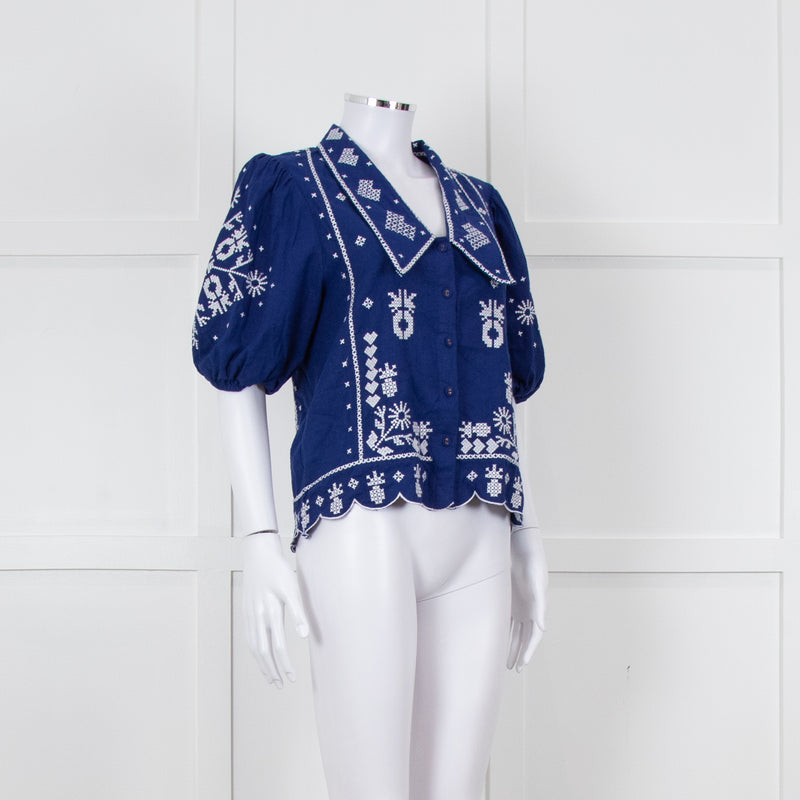 Farm Rio Blue White Embroidered Big Collar Blouse