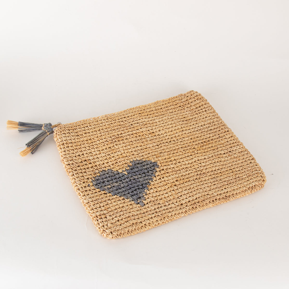 Aerin Large Blue Heart Raffia Zip Pouch