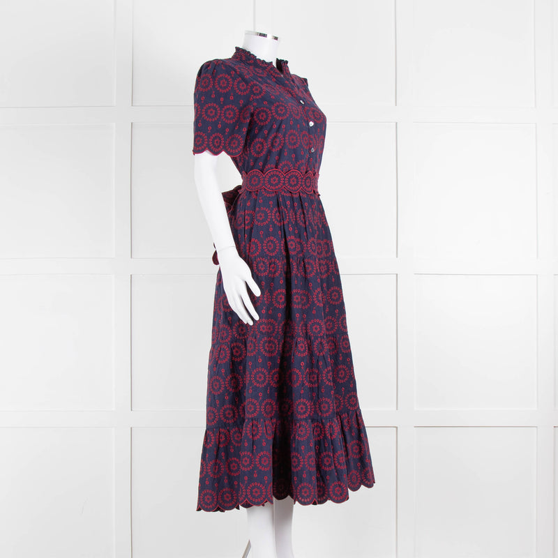 Edit-One Navy Red Embroidered Belted Tiered Maxi Dress