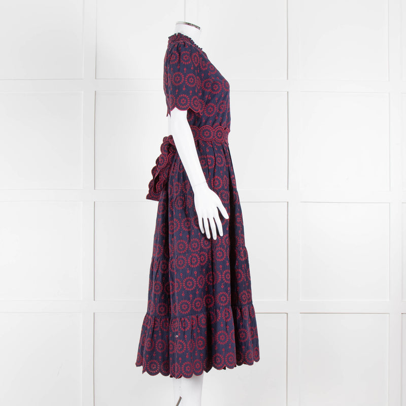 Edit-One Navy Red Embroidered Belted Tiered Maxi Dress