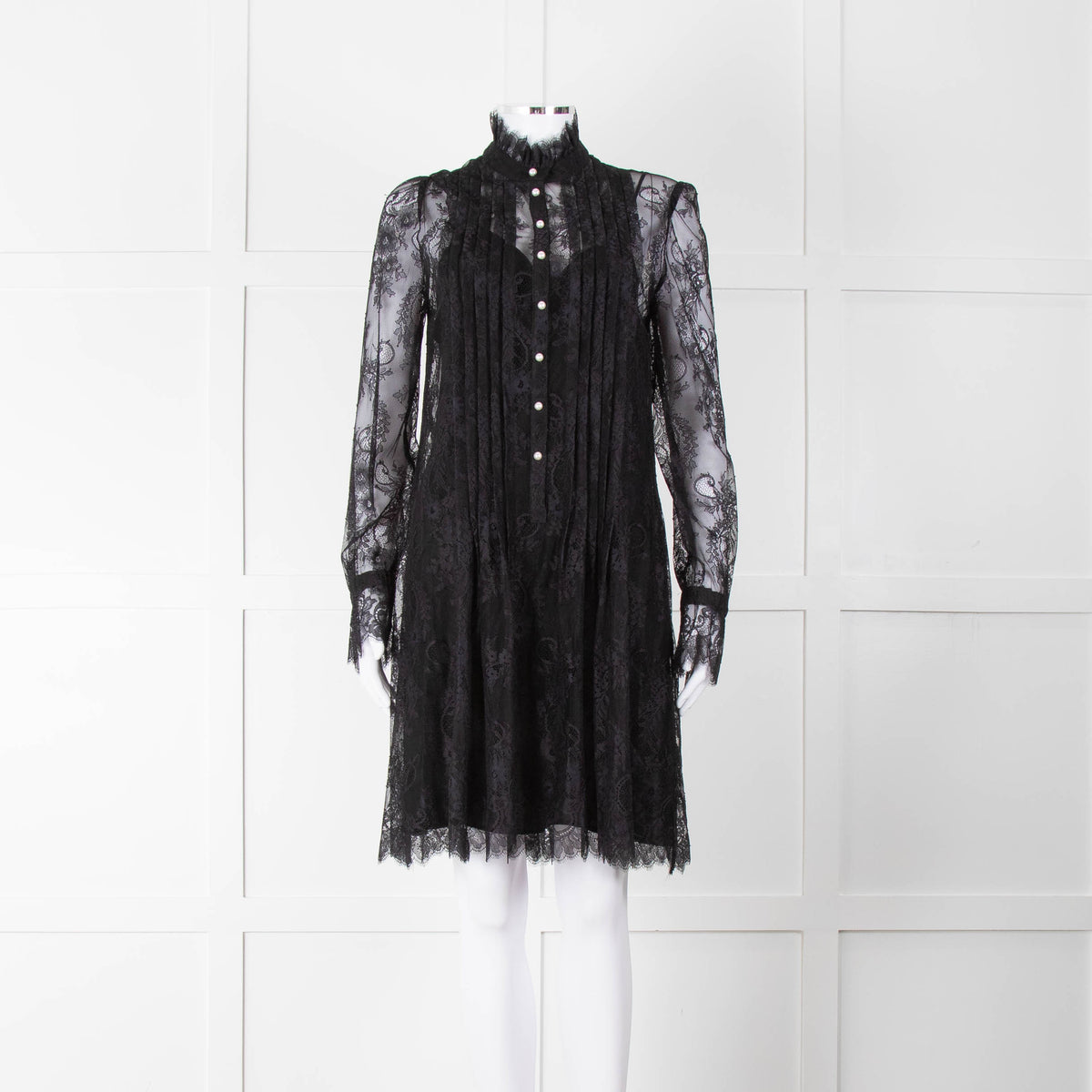 Philosophy Black Lace Pearl Button Long Sleeve Dress With Slip