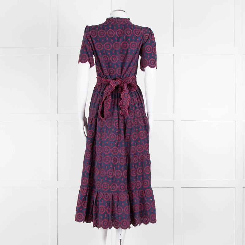 Edit-One Navy Red Embroidered Belted Tiered Maxi Dress