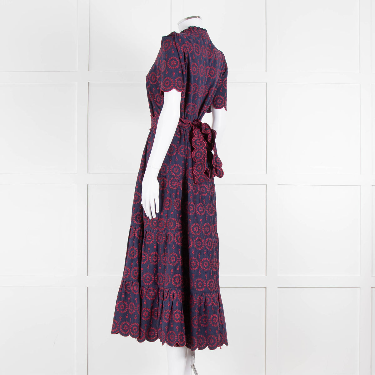 Edit-One Navy Red Embroidered Belted Tiered Maxi Dress