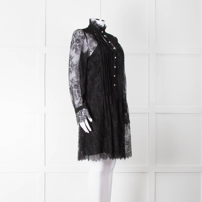 Philosophy Black Lace Pearl Button Long Sleeve Dress With Slip