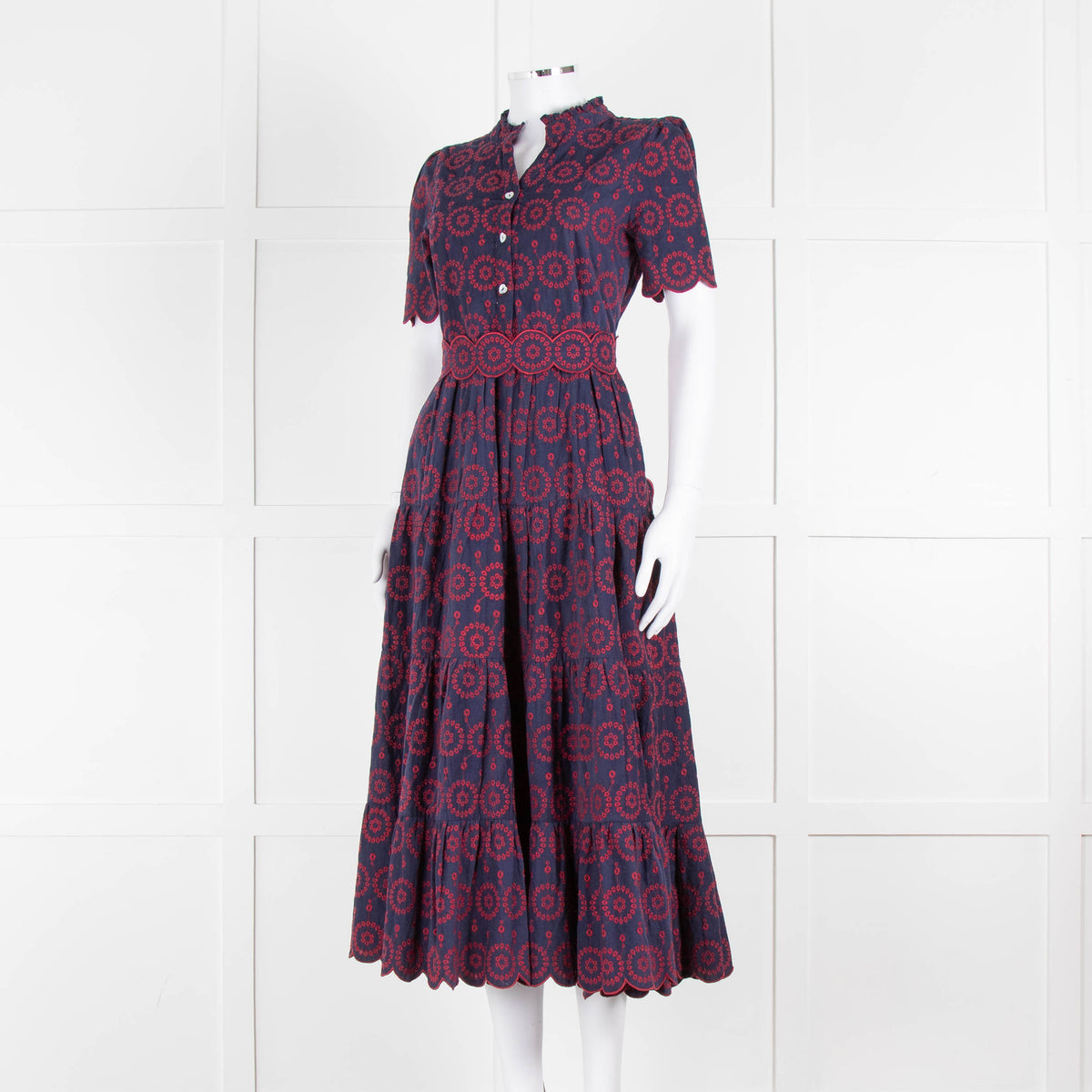 Edit-One Navy Red Embroidered Belted Tiered Maxi Dress
