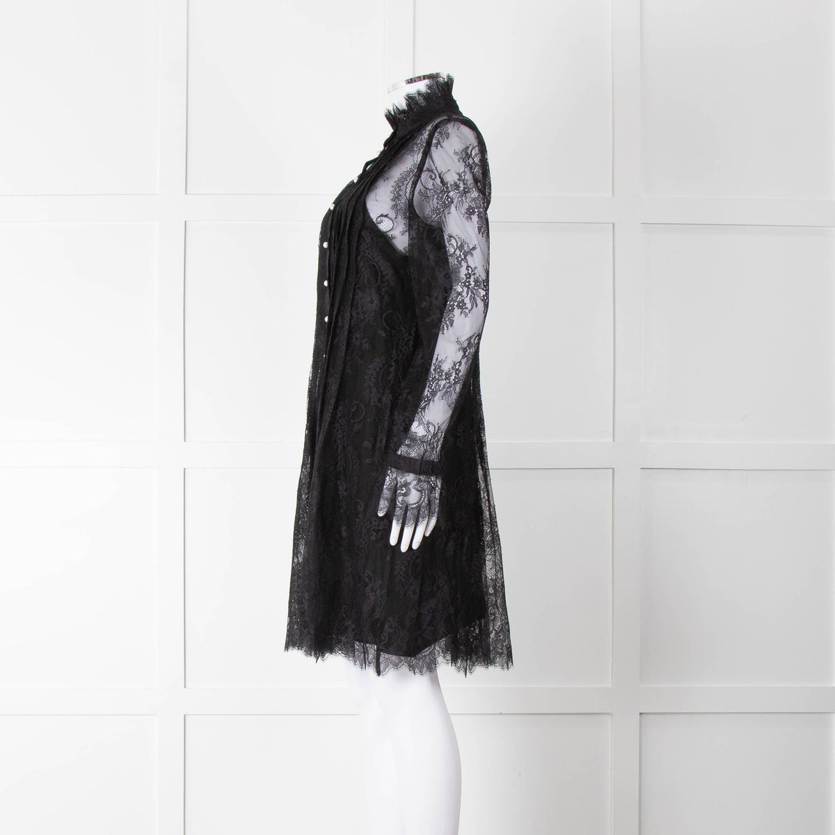 Philosophy Black Lace Pearl Button Long Sleeve Dress With Slip