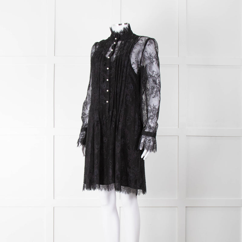 Philosophy Black Lace Pearl Button Long Sleeve Dress With Slip