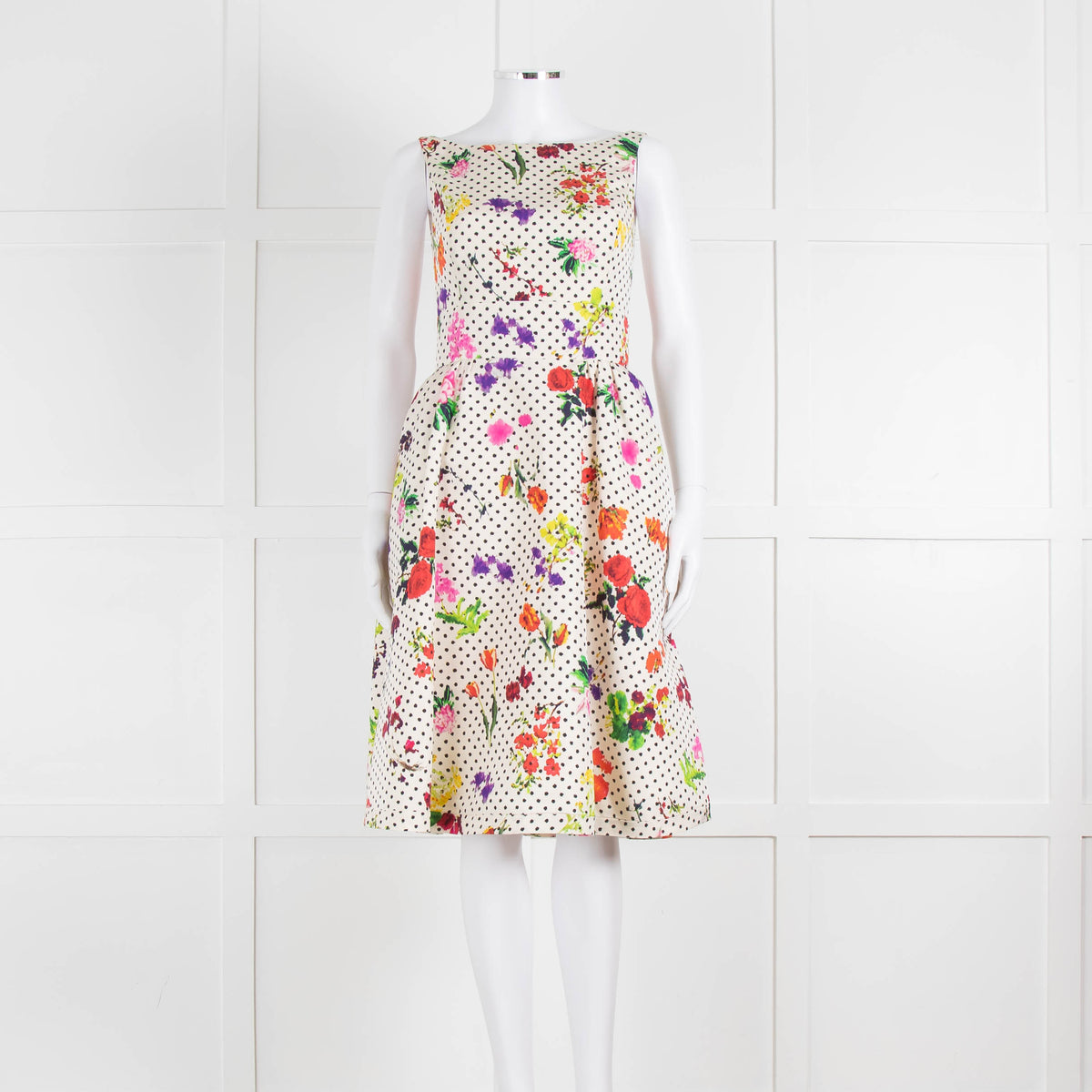 Oscar De La Renta Cream Black Polka Dot Floral Sleeveless Dress