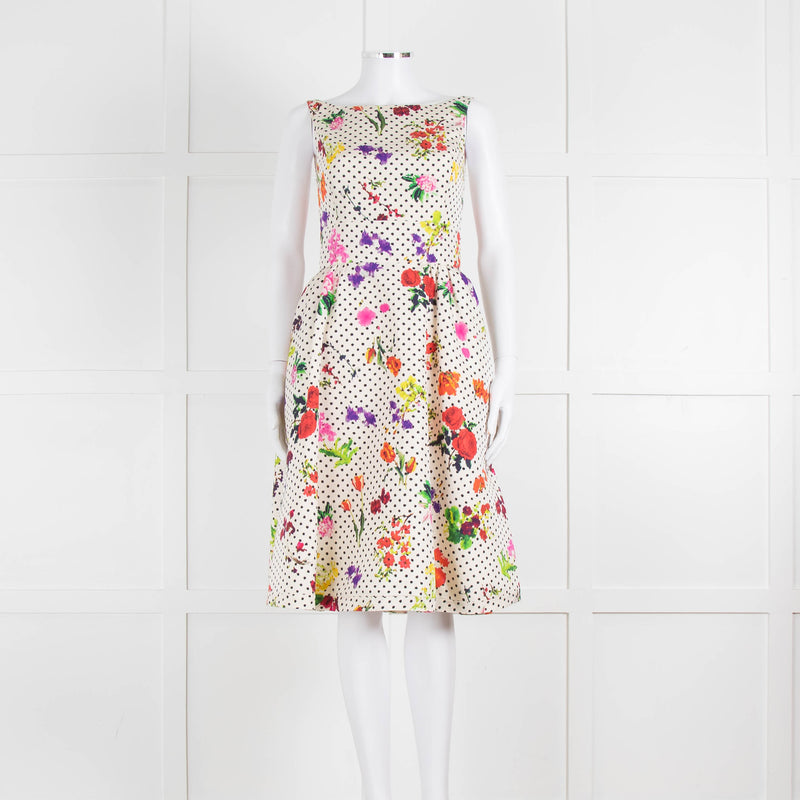 Oscar De La Renta Cream Black Polka Dot Floral Sleeveless Dress