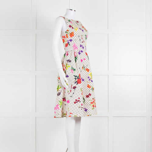 Oscar De La Renta Cream Black Polka Dot Floral Sleeveless Dress