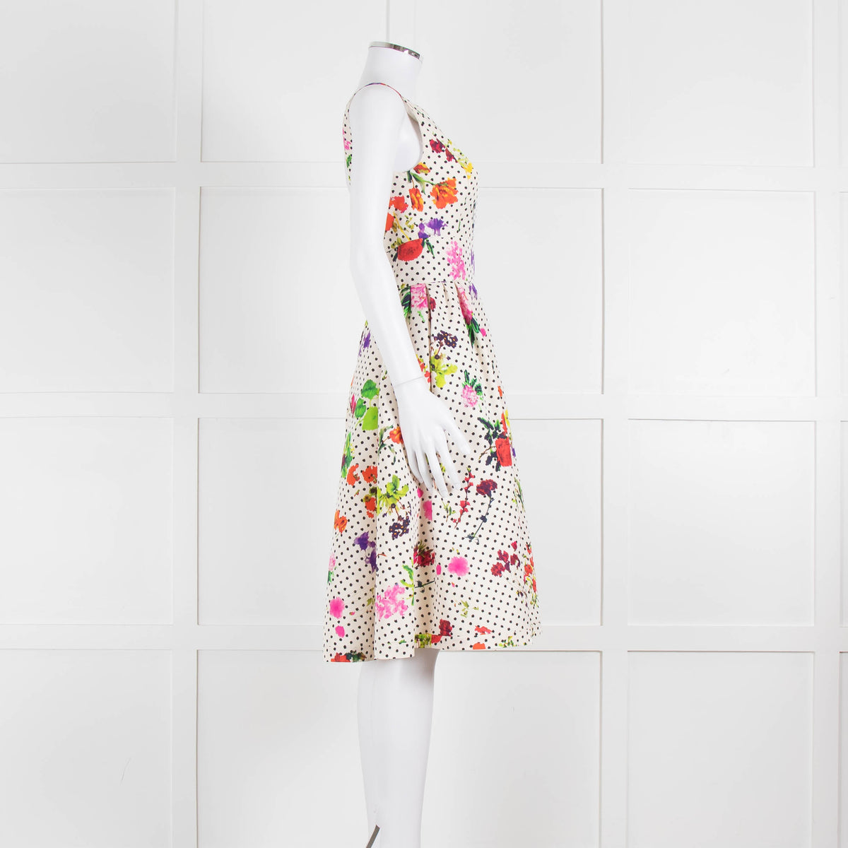 Oscar De La Renta Cream Black Polka Dot Floral Sleeveless Dress