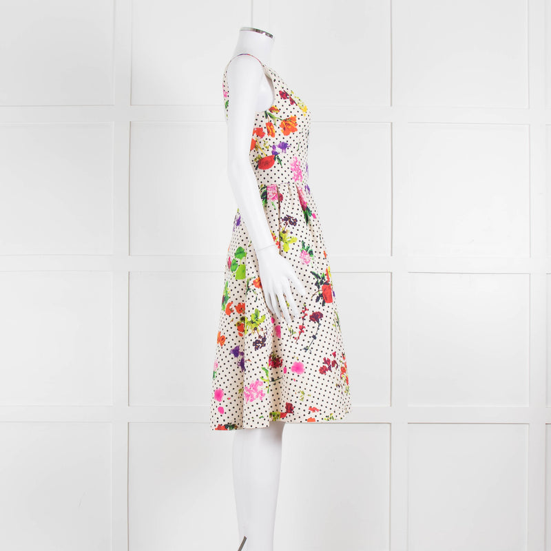 Oscar De La Renta Cream Black Polka Dot Floral Sleeveless Dress