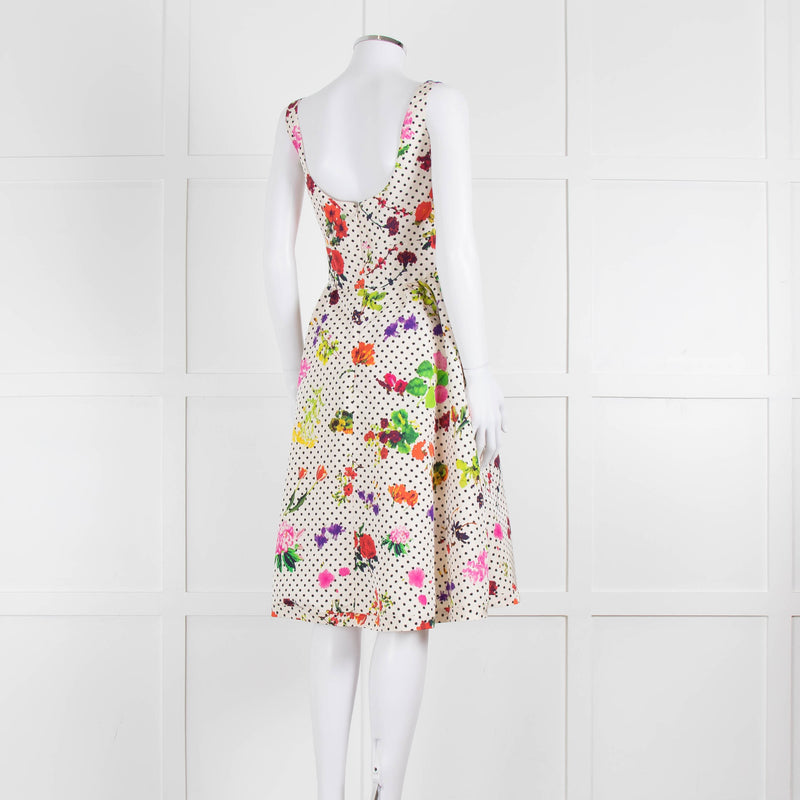 Oscar De La Renta Cream Black Polka Dot Floral Sleeveless Dress