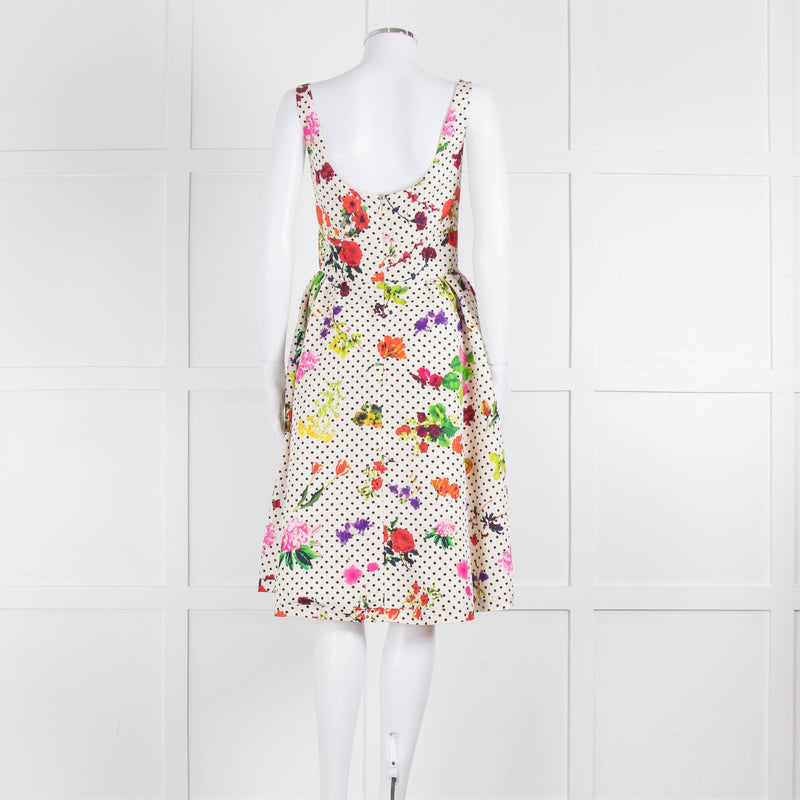 Oscar De La Renta Cream Black Polka Dot Floral Sleeveless Dress
