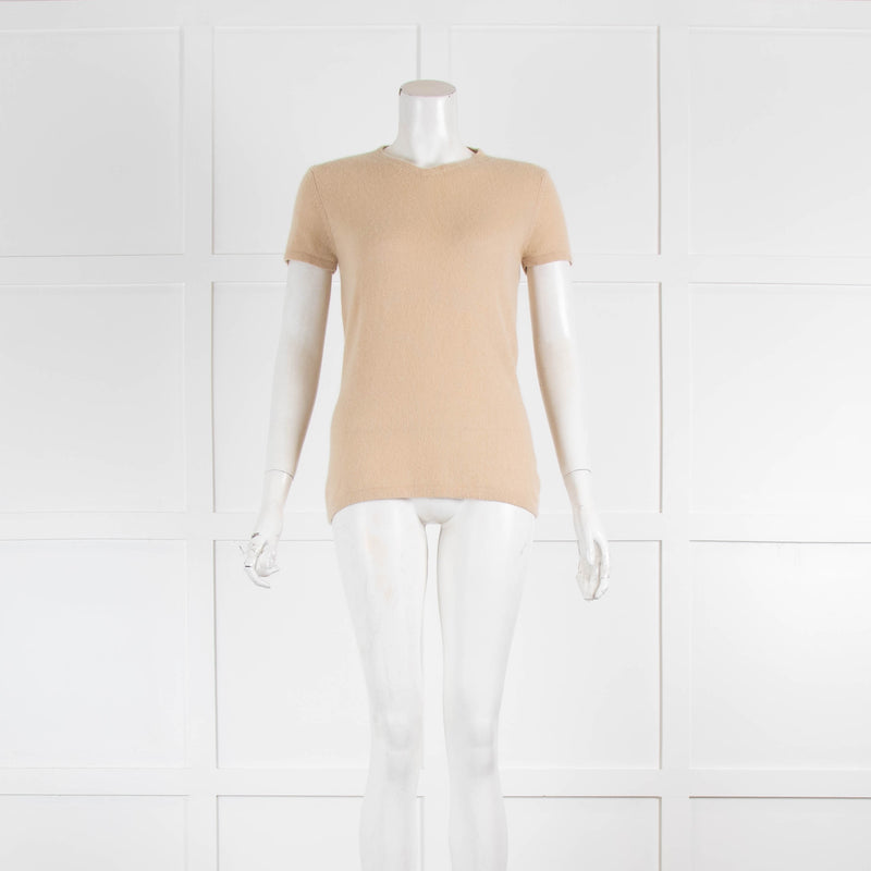 TSE Camel Cashmere Short Sleeve V Neck Top