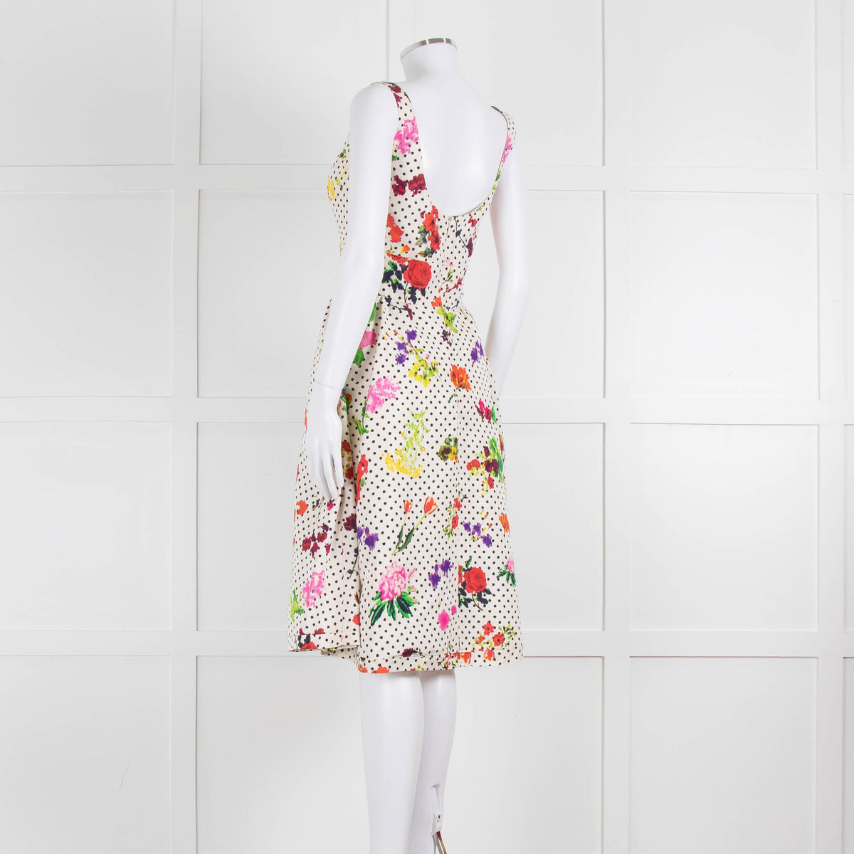 Oscar De La Renta Cream Black Polka Dot Floral Sleeveless Dress