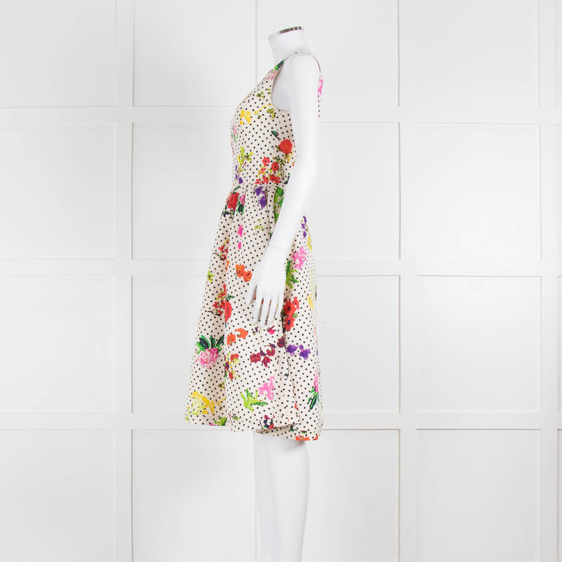 Oscar De La Renta Cream Black Polka Dot Floral Sleeveless Dress