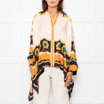 La Double J Cream Black Orange Silk Flower Print Wide Shirt