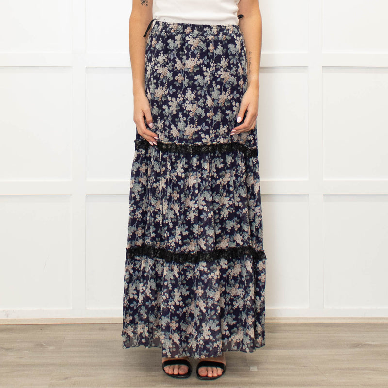 Ridley Navy White Floral Print Elasticated Waist Skirt