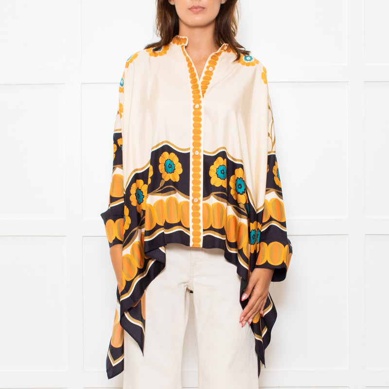 La Double J Cream Black Orange Silk Flower Print Wide Shirt