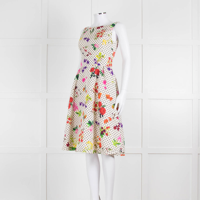 Oscar De La Renta Cream Black Polka Dot Floral Sleeveless Dress